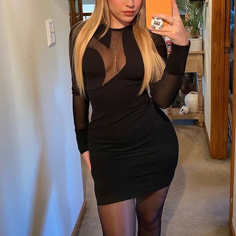 

Women Mesh Patchwork Bodycon Dress Sexy Club Party Round Neck Long Sleeve Mini Vestidos Hollow Out Summer Spring Clothing Black