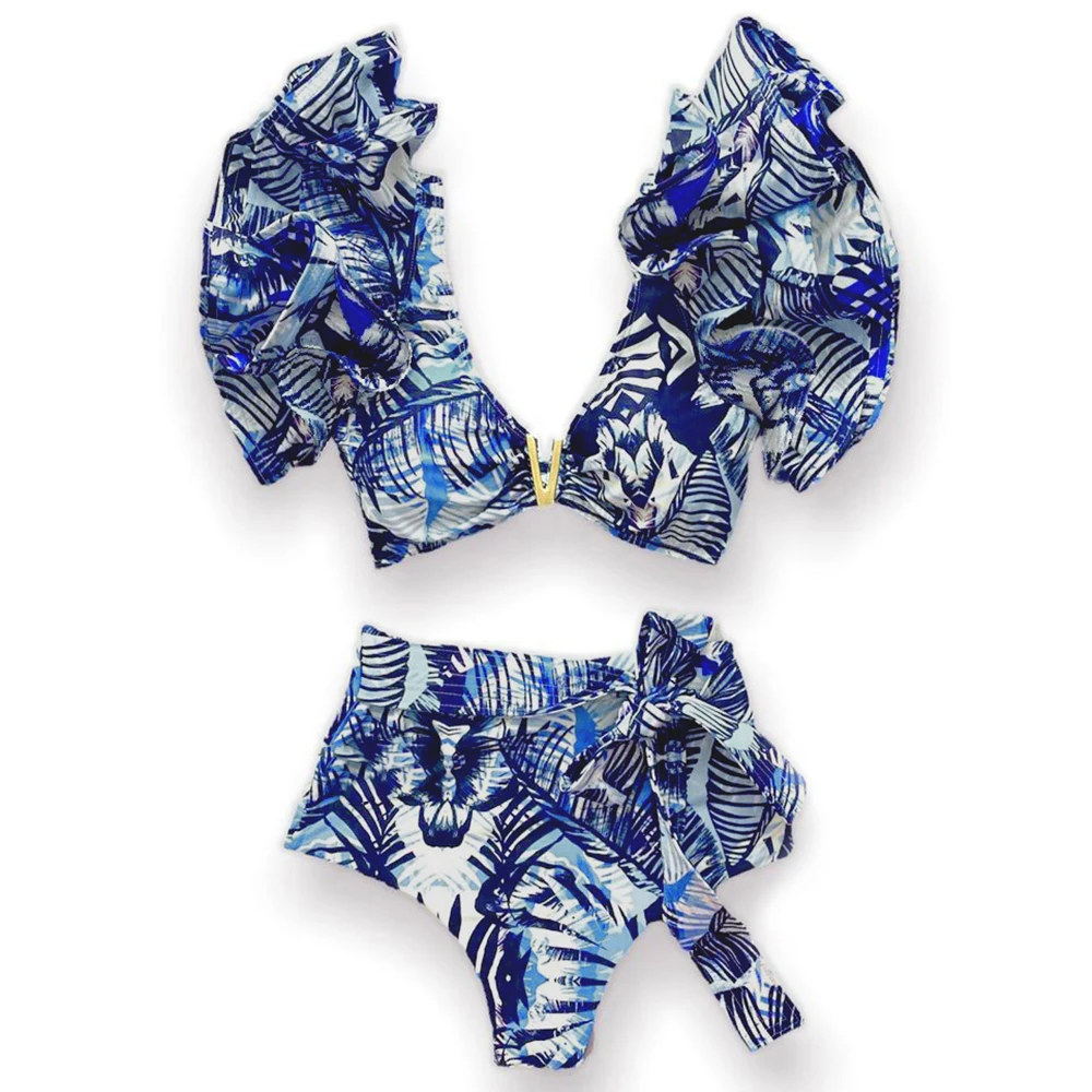 

Fashion Sexy High Waist Bikini Sets Ruffle Swimwear Women Swimsuit Print Floral Dots V-neck Beach Wear Bathing Suits biquini