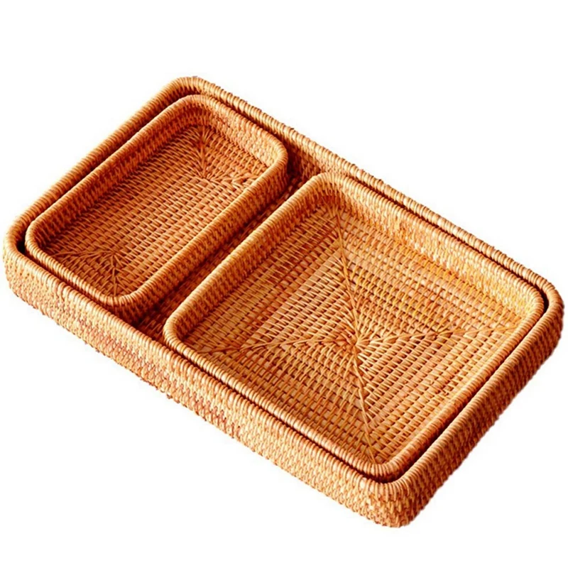

Set Of 9 Handmade Rattan Rectangle Serving Tray Wicker Serving Organizer Tabletop Fruit Platter