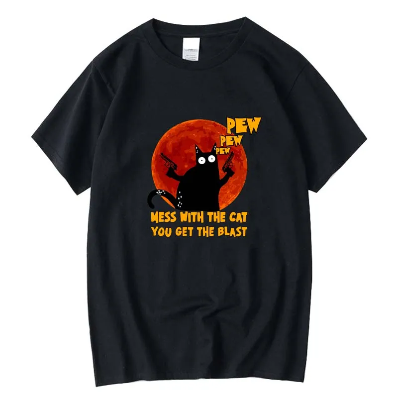 

Men's top quality 100% cotton Double Gun Cat print funny mens o-neck t shirts fashion men's tops cool men tshirt male tee shirts