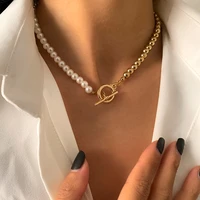 new necklace female niche design pearl necklace special shaped stitching clavicle chain asymmetric buckle gold ball necklace