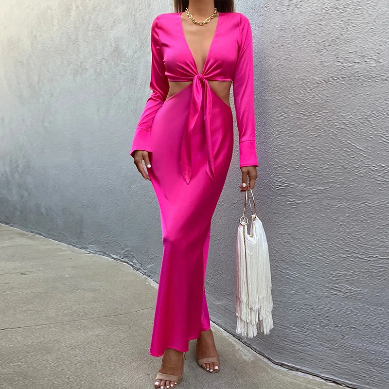 Ажурное Бандажное атласное длинное платье, однотонное элегантное облегающее атласное платье с длинным рукавом, весна-лето 2022, платья для же...