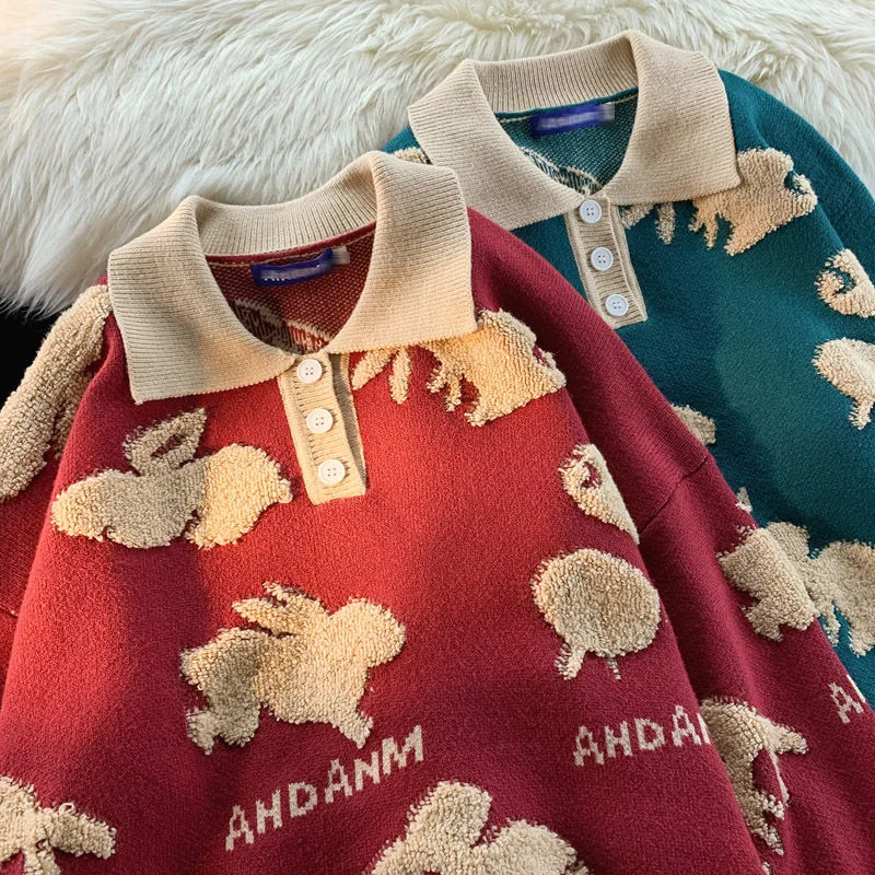 

3D Embroidery Animal Rabbit Sweater Preppy POLO Collar Shirt Pullover Thicken Winter Y2K Tops Harajuku Red Green Kawaii Clothes