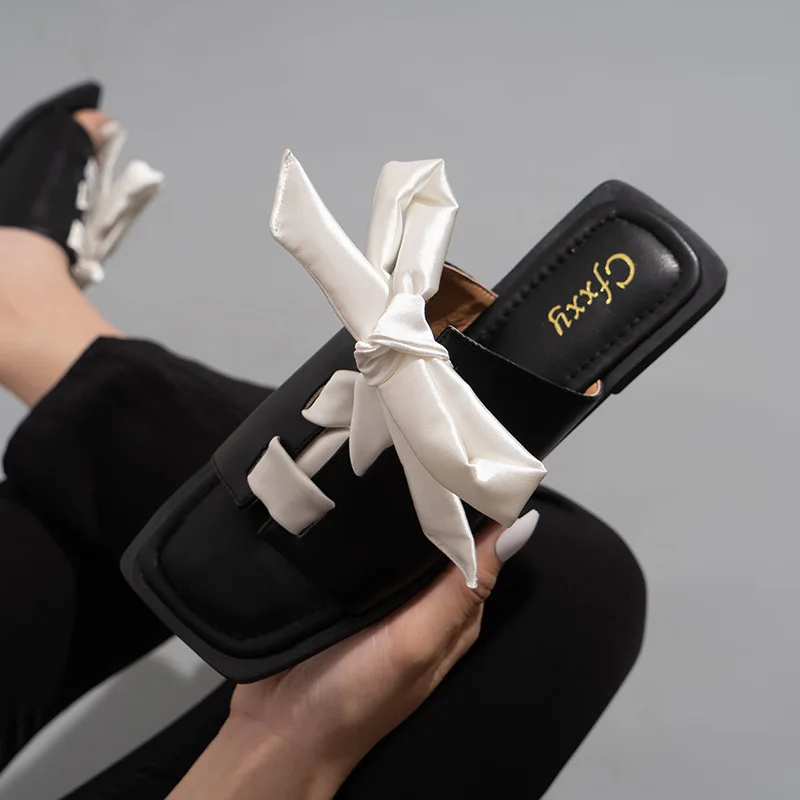 

Women Slippers Summer Ladies Elegant Sandals Women's Casual Outdoor Shoes Square Toe Silk Bow Women's Flat Slippers