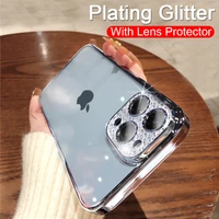 luxury glitter diamod case with lens protector for iphone 11 12 13 pro max plating matte transparent silicone shockproof cover