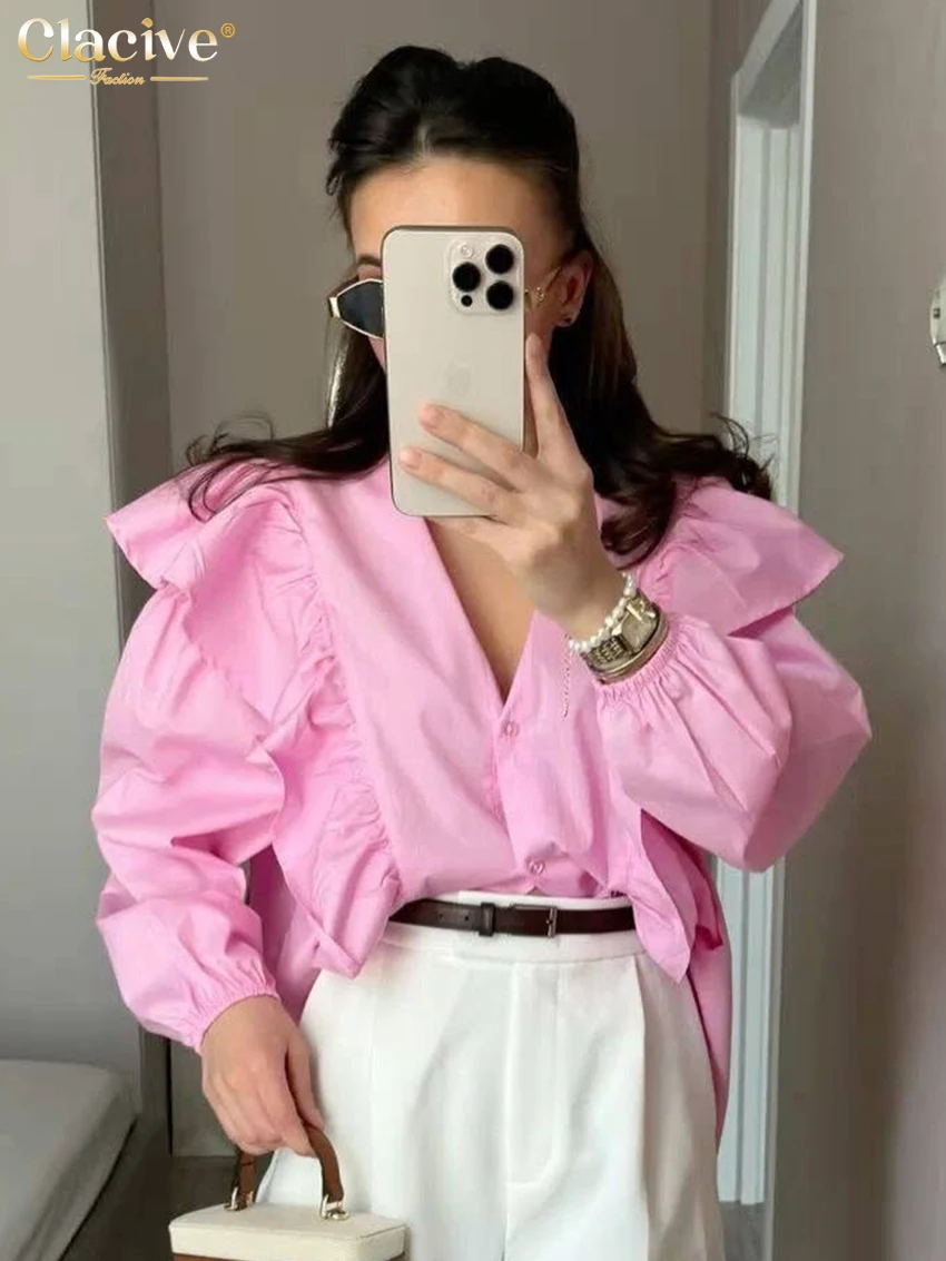 Фото Модная женская блузка Clacive Lose Pink, осень 2026, с V-образным вырезом, длинным рукавом, элегантная классическая блузка с рюшами, женская одежда №1