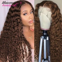 32 Inch Chocolate Brown Deep Wave Lace Front Wig Peruvian #4 Color Light Brown Deep Curly Human Hair Wigs For Women Pre Plucked