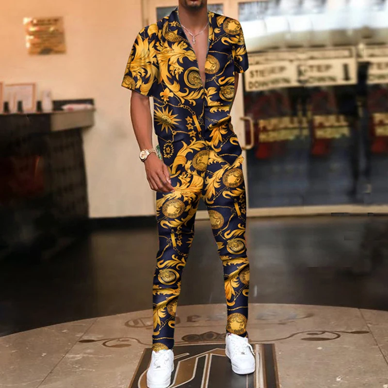 

Spring Summer Men's Casual Two Piece Sets Short Sleeve Tops And Long Pants Suit 2022 Fashion Pattern Print Party Outfit