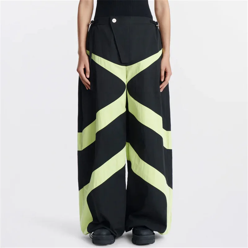 Women's Pants 2023 Summer New Korean Fashion Contrast Panel Wide Leg Pants Elastic Waist Buckle Decorative Loose Cargo Pants y2k