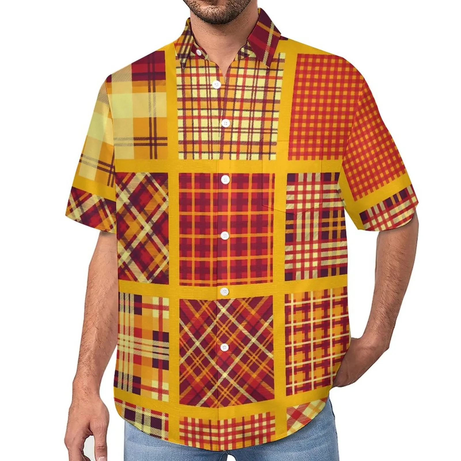 

Блузка мужская с коротким рукавом, винтажная клетчатая Повседневная рубашка в стиле пэчворк, в стиле оверсайз, для отпуска, на лето