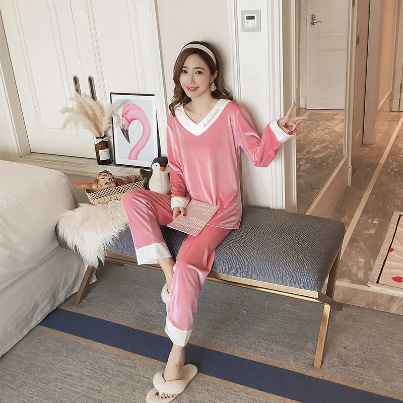 Velvet Pajamas Set Sexy Full Sleepwear For Women Pyjama Women's Polyester Autumn/Winter Fashion Soft V-Neck Homewear Plus Size