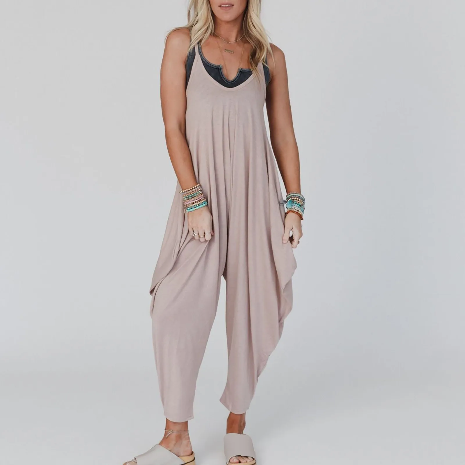 

2023 New Rompers Women Casual Loose Solid Color Jumpsuit Wide Leg Full-Length Harem Pants Overalls With Pocket