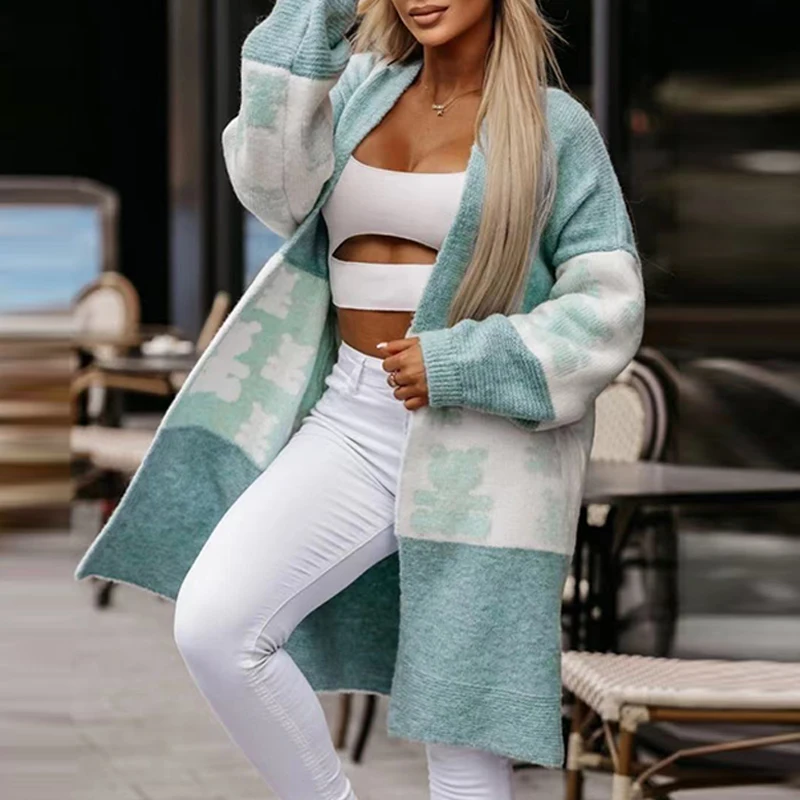 

Women Fall Winter Patchwork Warm Knit Cardigans 2023 Midi Jackets Jumper Korea Fashion Bear Shape Long Sleeve Sweaters Outwear