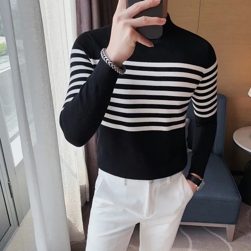 Stripe Knitted Sweater Men 2022 Autumn and Winter New Korean Slim Half High Collar Underlay Middle Neck Sweater Casual  clothes