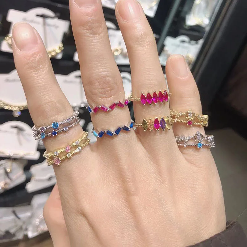 

Luxury Vintage Colorful Crystal Rhinestones Zircon Metal Open Adjustable Ring For Women Engagement Party Finger Jewelry New 2022