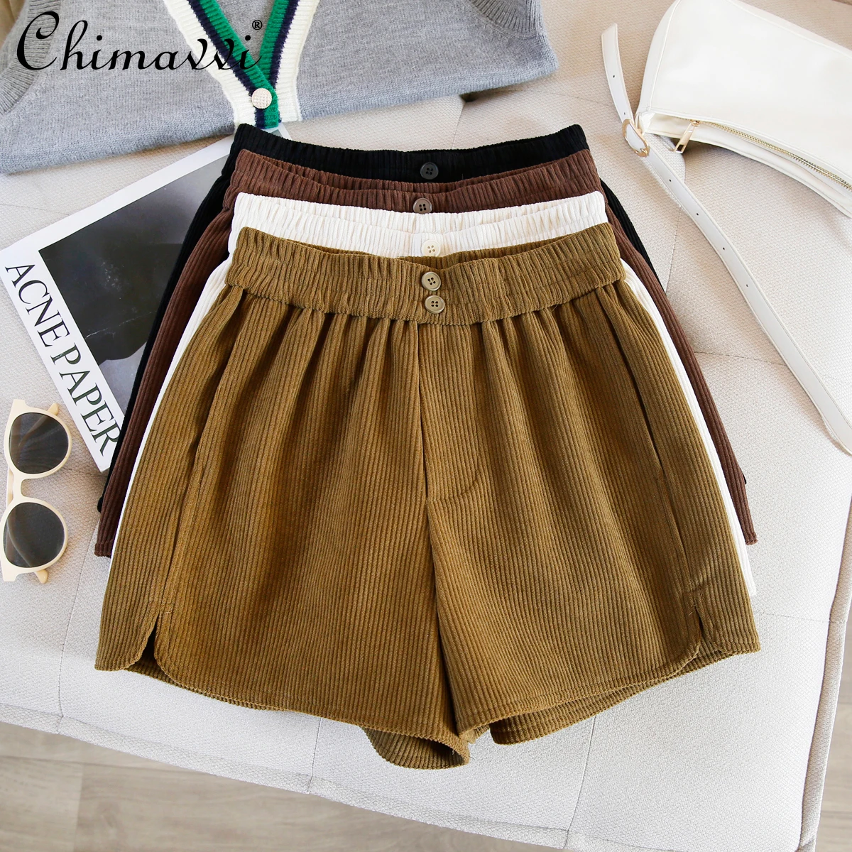 

Korean Fashion Striped Shorts Women 2022 Autumn Winter Outdoor High Waist Slimming Short Female Wide Leg Black Boot Short Pants