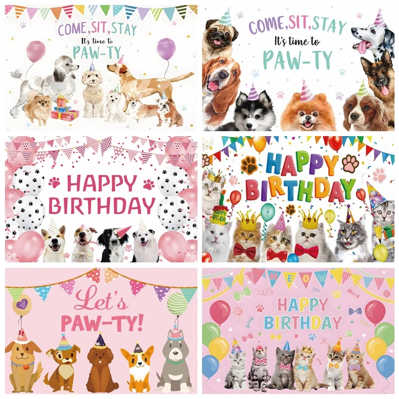 Let's PAW-TY Pet Party Backdrops Cute Dog Cat Birthday Photography Backgrounds Photographic Portrait Photocall for Photo Studio