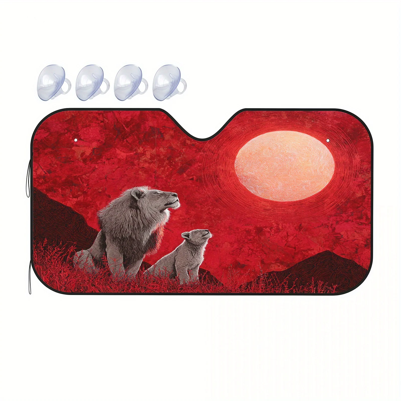 Фото Солнцезащитный козырек для автомобиля Red Moon Lion Shadow, в художественном стиле масляной живописи, с теплоизоляцией и защитой от солнца, сохраняет прохладу в салоне автомобиля. №4