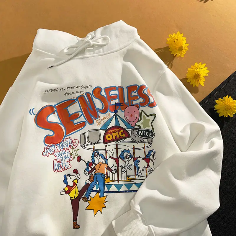 

Винтажные шикарные забавные мультяшные худи с графическим рисунком, милые толстовки оверсайз, черные, белые, большие размеры 3XL, одежда для ...