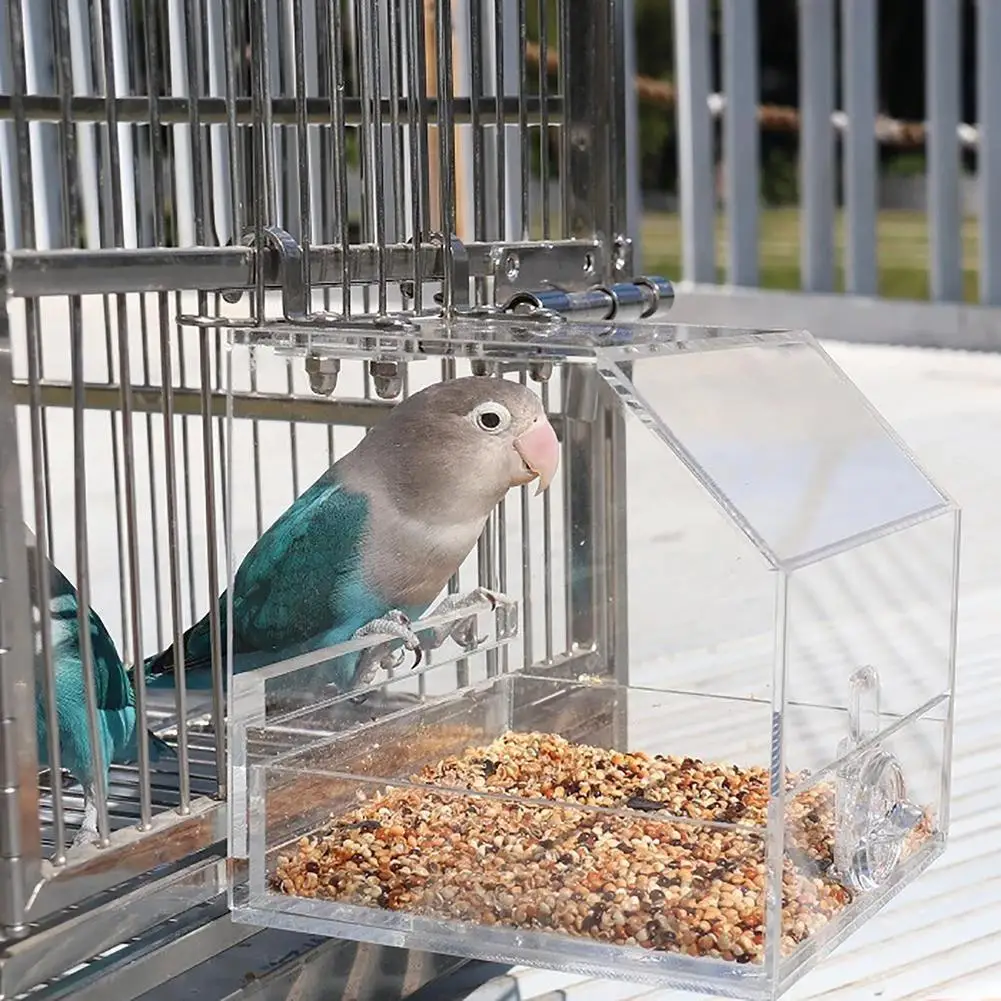 

Acrylic Bird Parrot Feeder Transparent Hanging Feeding Tray Box Parrots Perch Stand Cage Feeding Tools Birds Supplies