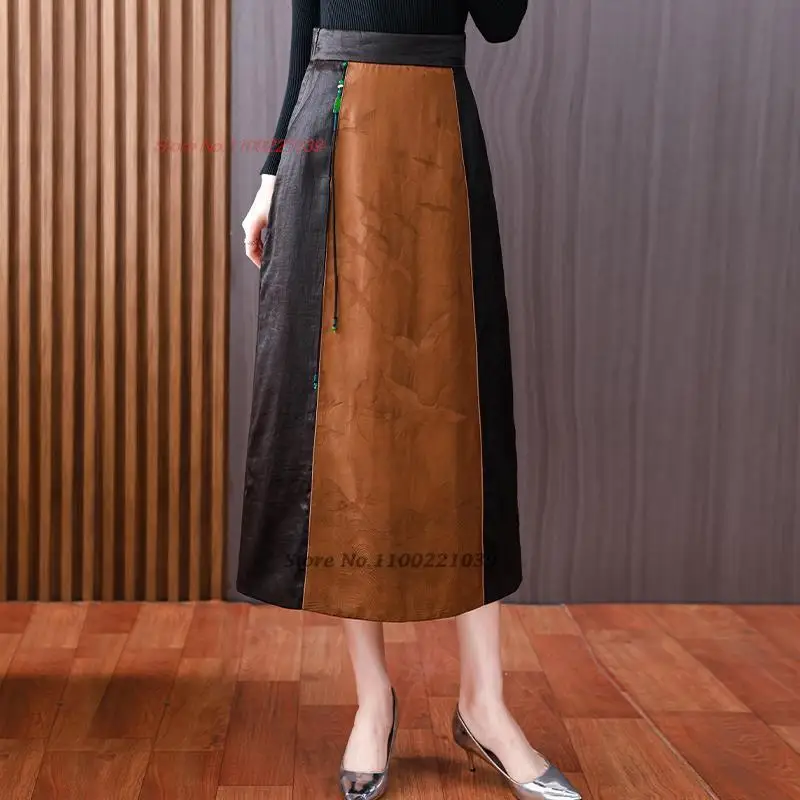 

2023 китайская винтажная юбка, жаккардовая атласная юбка в стиле пэчворк с национальным цветком, этническая юбка с эластичным поясом, юбка-трапеция в восточном стиле