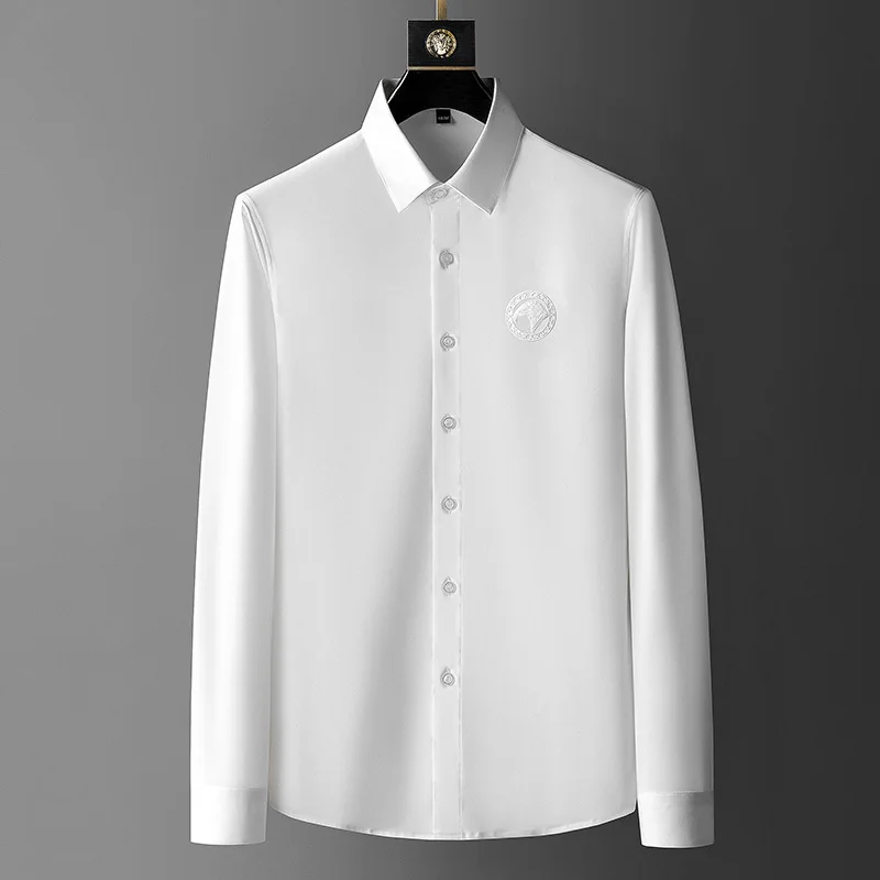 Autumn New High-end Man's Shirts Long-sleeve 3D Embroidery Casual Slim Business Light Luxury Trim Ironing Brand Shirt For Men
