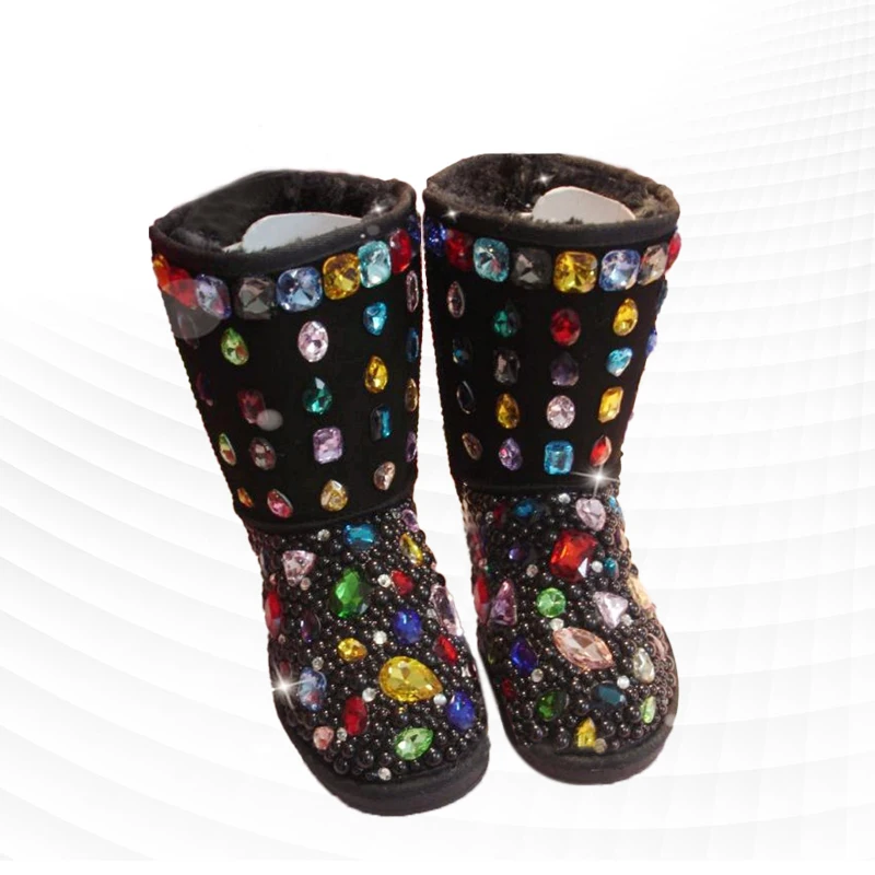 

Black fur integrated color rhinestones and knee boots handmade color rhinestones plus velvet thickening and comfortable 35-44