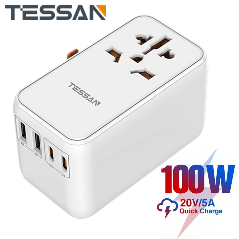 

TESSAN 65W/100W GaN Worldwide Universal Travel Adapter with USB Type-C Fast Charging Power Adapter EU/UK/USA/AUS Plug for Travel