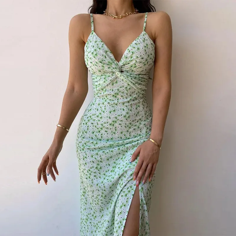 

Spring 2023 New Women's Elegant Sling Split High Waist French Floral Dress