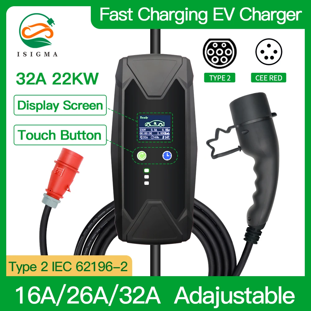 

22KW 3 Phase 16A/26A/32A Adjustable EVSE Type2 Electric Car Vehicle EV Charger With CEE Plug 32A 5m EV Cable Fast Charging