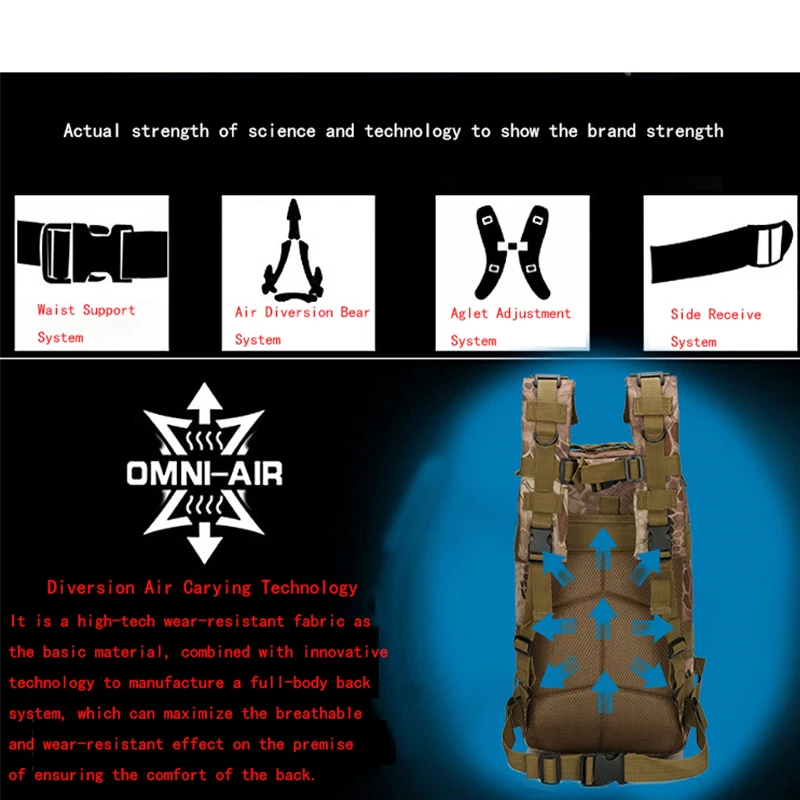 WANAYOU Waterproof Military Tactical Backpack 20-25L Outdoor Hiking Men's Travel Climbing Bag Camping Trekking |