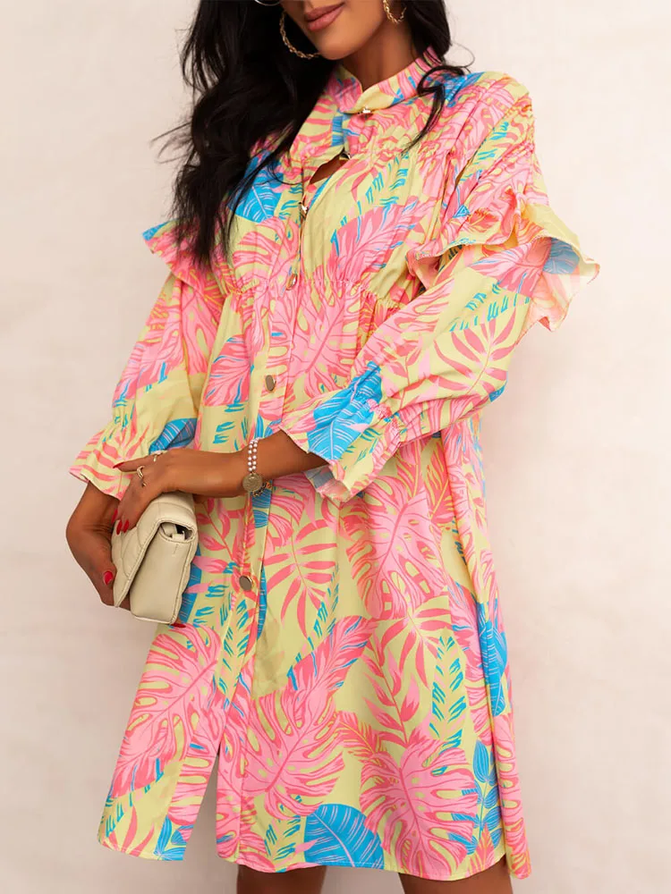 

Spring New Chic Button Up Party Dress Summer Shirt Mini Dress Office Elegant Leaf Print Vacation Loose Beach Dress Women Vestido