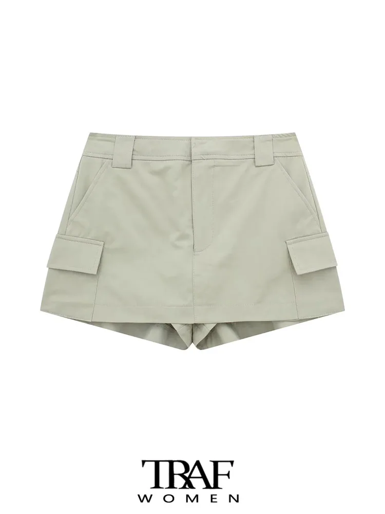

TRAF Women Fashion With Pockets Shorts Skirts Vintage Mid Waist Zipper Fly Female Skort Mujer