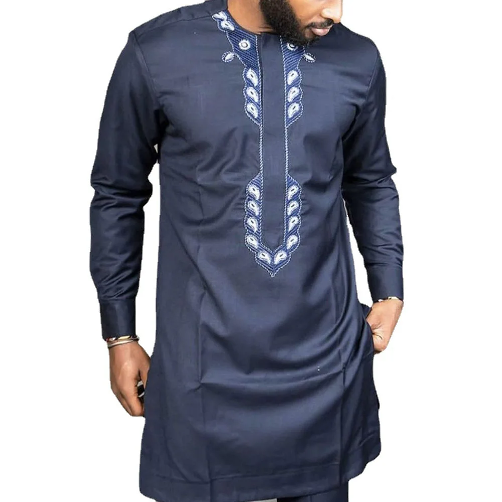 Ramadan Eid Muslim Fashion Men Shirt Arabian White Abaya Dubai Long Sleeve Top Navy Blue Slim Fit Embroidered Islamic Clothing