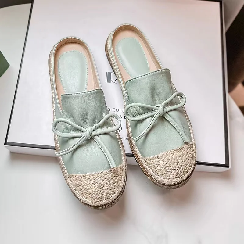 Summer New Grass Woven Women's Half Slippers Fisherman Muller Shoes Rubber Sole Breathable and Comfortable Large