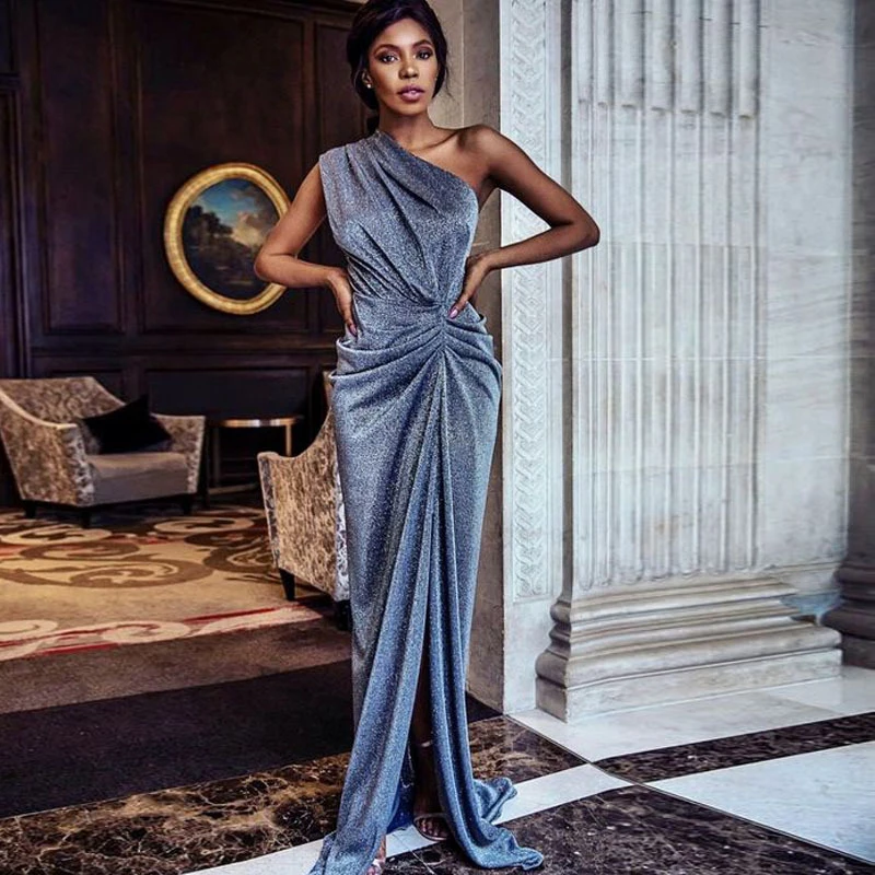 

Women Sexy One Shoulder Sleeveless Pleated Dress High Waist Solid Elegant Long Party Evening Dresses