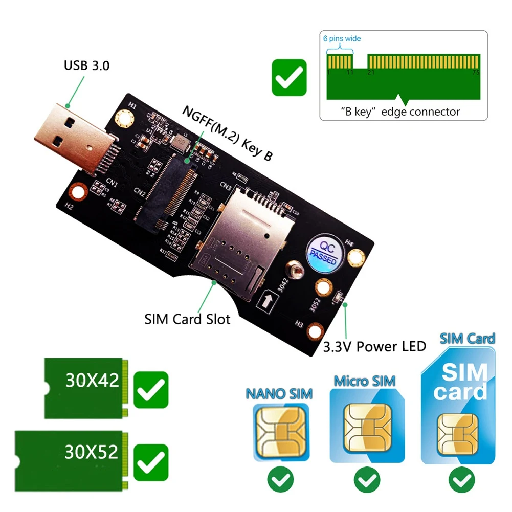 

NGFF M.2 Key B to USB 3.0 Adapter Expansion Card with SIM 8Pin Card Slot for WWAN/LTE 3G/4G/5G Module