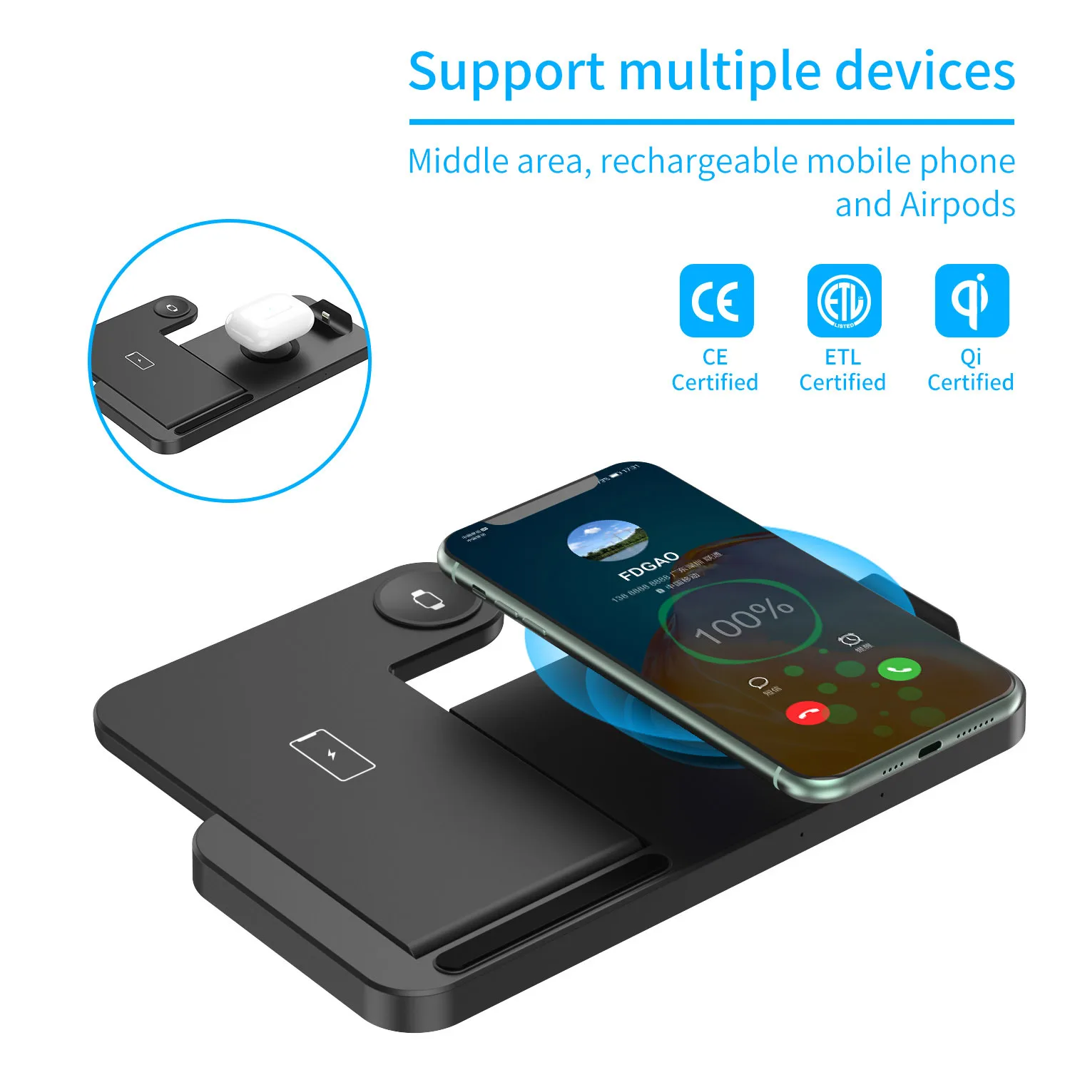 15W Wireless Charger Stand For iPhone 13 12 11 X 8 Apple Watch 4 in 1 Qi Fast Charging Dock Station for Airpods Pro iWatch |
