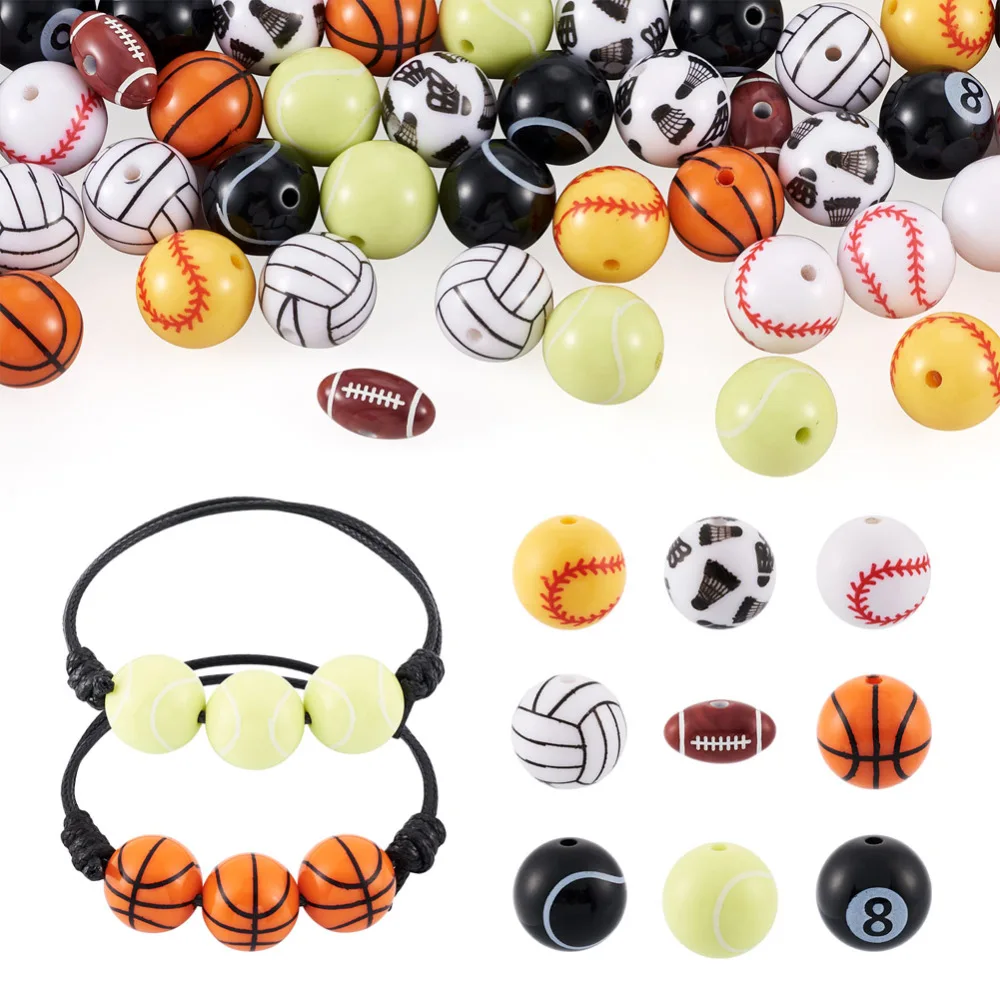 

54Pcs Sport Resin Beads Rugby Tennis Basketball Volleyball Round Balls Spacer Beads for Bracelet Necklace DIY Jewelry Making