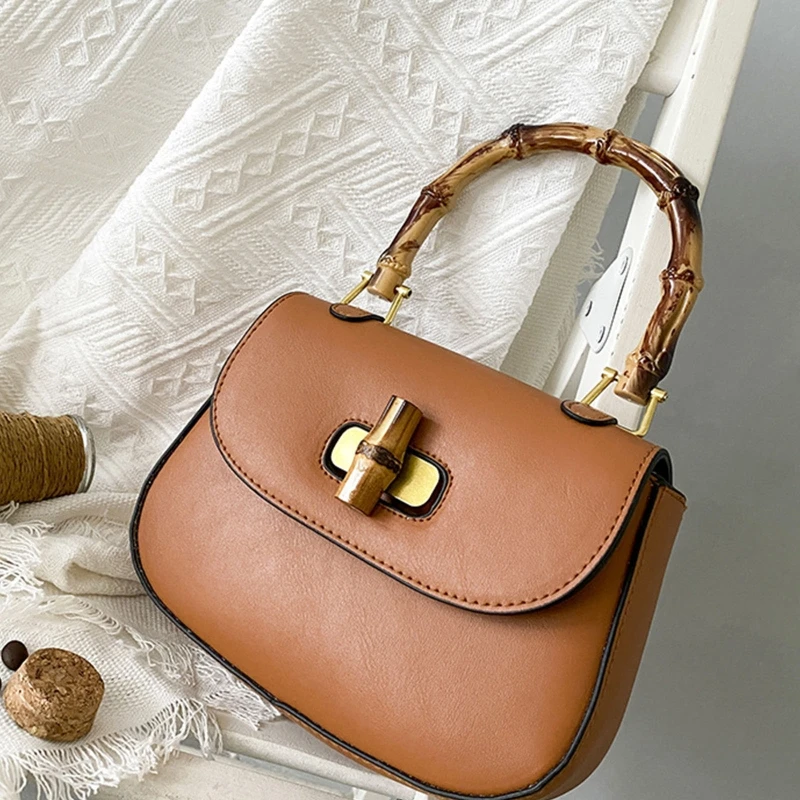 

Fashion Leather Shoulder Bag Crossbody Bag with Bamboo Handle Saddle Bag Handbag Messenger Bag Gift for Women Girls
