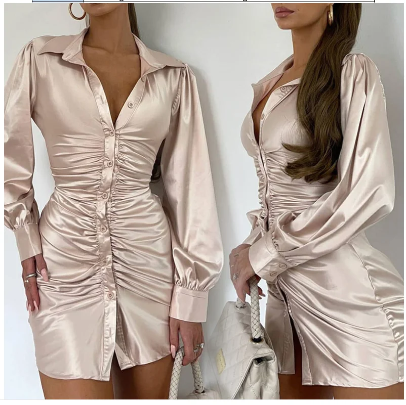 

New Autumn Women Vintage Draped Shirt Dress Female Long Sleeve Lapel Collar Satin Dress Ladies Short Vestido