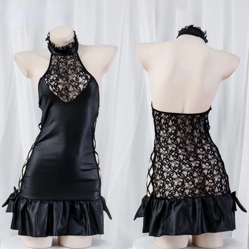 

Anime Girls Lolita Sexy Cosplay Low Cut Black Dress Patent Leather Halter Lace Translucent Women Home Wear Role Play Dress Gift