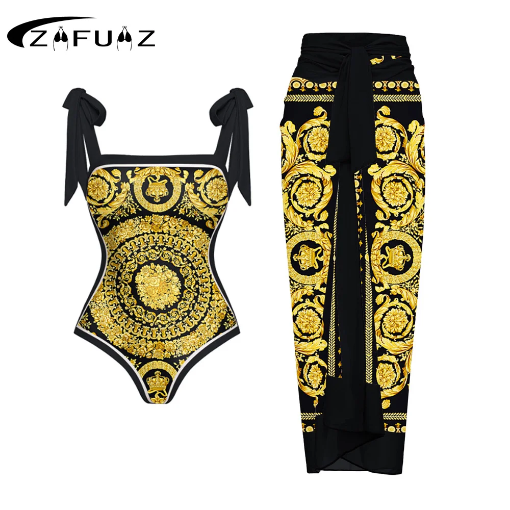 

Женский слитный купальник в стиле ретро, привлекательный пляжный комплект черного и золотого цветов с принтом, модная накидка на бретелях, летнее платье, 2023