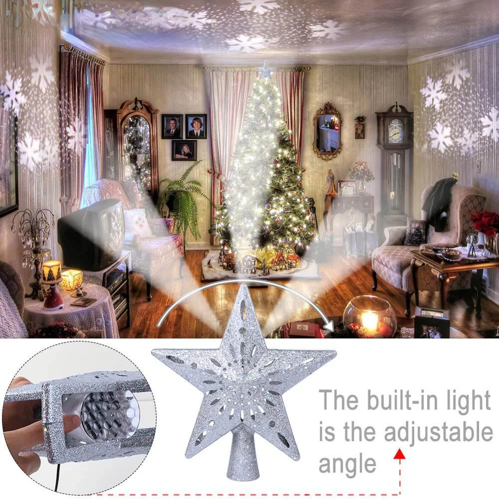 

Our Warm Star Christmas Tree Topper LED Star Top Snowflake Projector Christmas Tree Decor Holiday XMAS Party Hanging Ornament