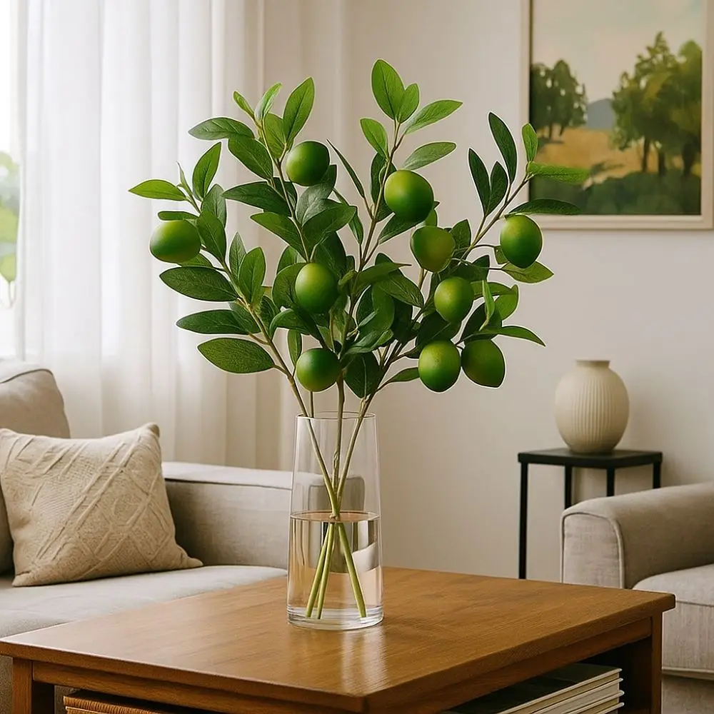 Фото Искусственная ветка лимона с зелеными листьями, реалистичная, ручной работы, имитация фруктов, пластиковые фрукты, декор для свадьбы №1