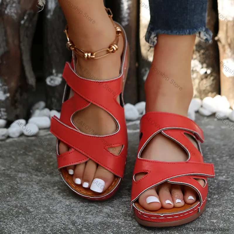2023 Summer Women Wedge Sandals Premium Orthopedic Open Toe Sandals Vintage Anti-slip Leather Casual Female Platform Retro Shoes