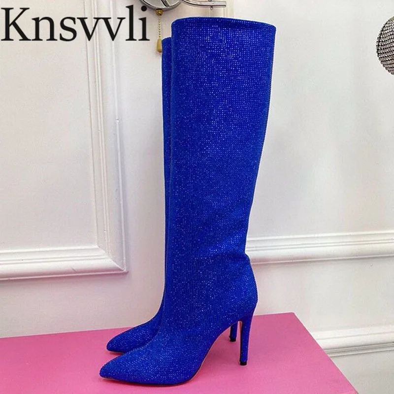 

Luxury Rhinestone Knee High Boots Women Pointed Toe Bling Prom Shoes Female Runway Crystal Boots Sexy High Heel Long Boots Woman