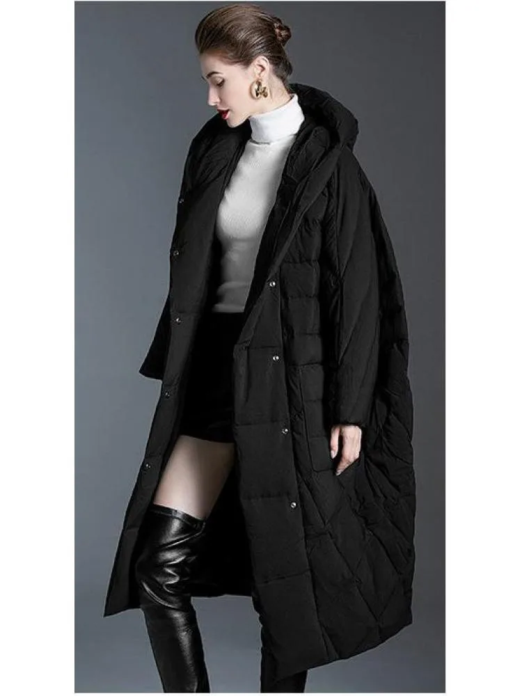 High-End 2022 Winter Long Thicked Black Hooded 90 White Down Coats Women Loose Comfortable Warmer Bread Cloth Jackets