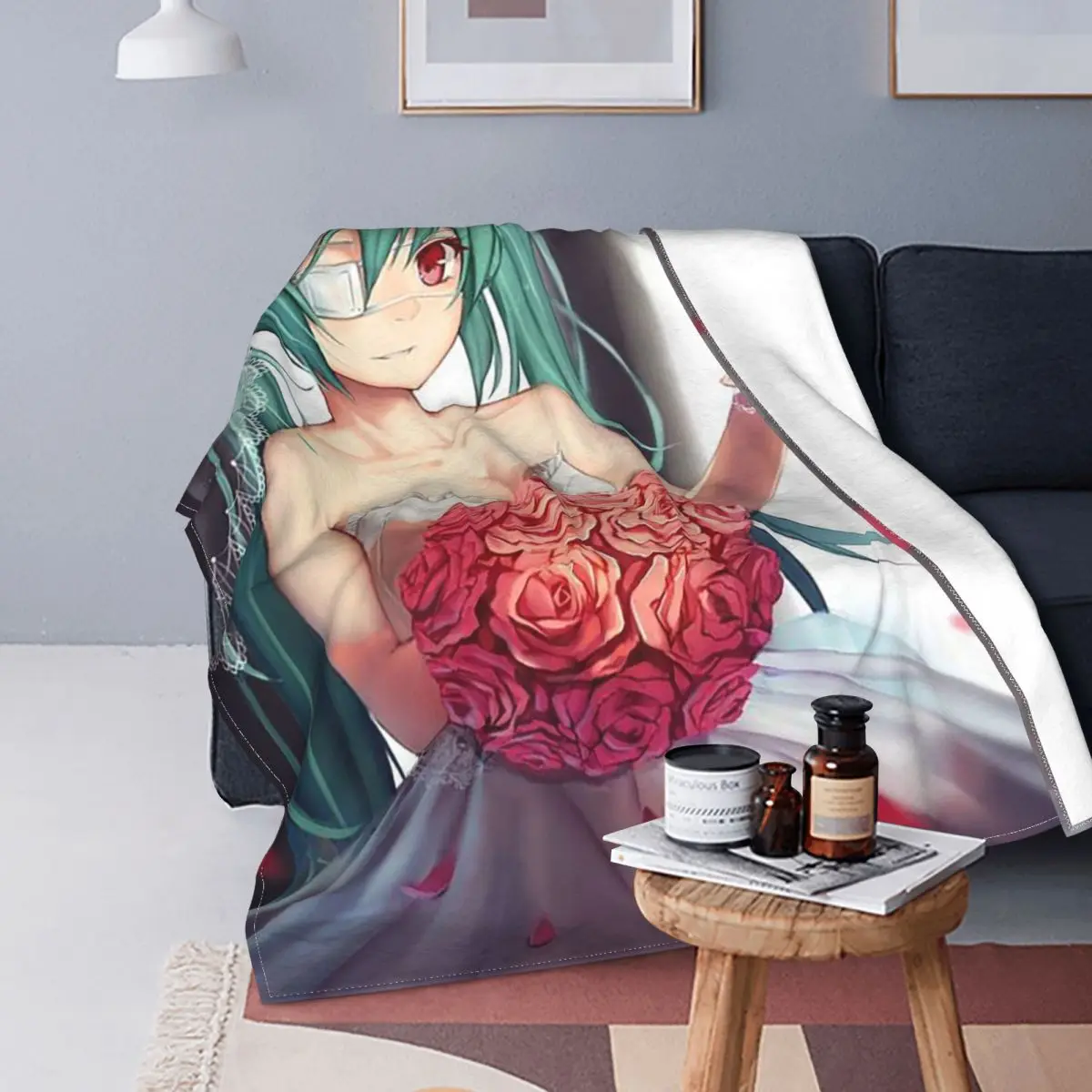 

Мультяшное одеяло Miku s, чехол для дивана, бархатный текстиль, Декор, виртуальный идол, аниме, тонкое покрывало для дивана, плюшевое тонкое пок...