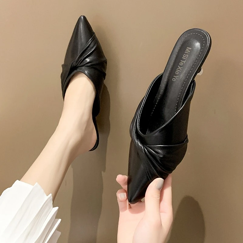 

Slippers Women's Shoes 2022 Trend Summer New Pointed Toe Stiletto High Heels Bow Office Sexy Women's Slippers Zapatos Mujer PU